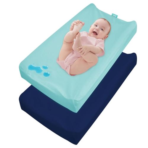 Changing Pad Cover Waterproof, 2 Pack Diaper Change Table Sheets for Baby Boys Girls, Fitted Cradle Sheets for 32"x16" Contoured Pad, Breathable & Ultra Soft, Aqua and Navy