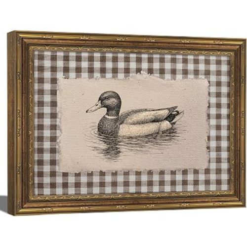 Vintage Gold Framed Duck Canvas Wall Art, Farmhouse Brown Gingham Ducks Painting Picture Wall Decor, Retro Country Animal Poster Print Artwork for Living Room, Kitchen, Home Decoration 9x11in