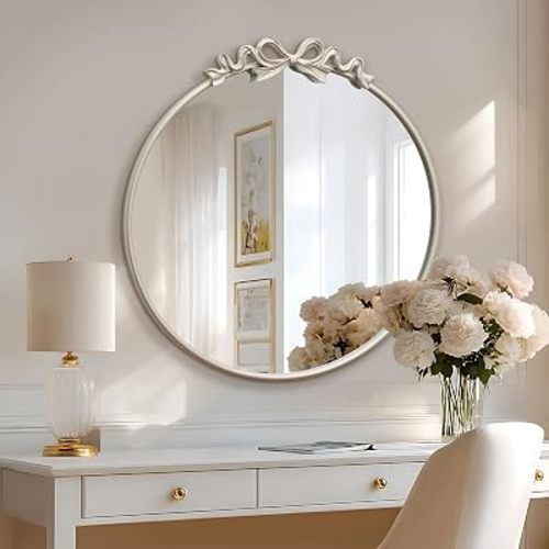 Besdomus Vintage Bow Silver Mirror: 27" Antique Round Wall Vanity Mirror