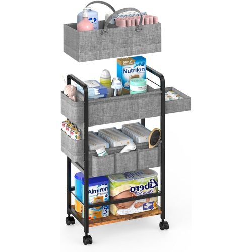 2In1 Baby Diaper Caddy & 4-Tier Rolling Diaper Cart, Diaper Caddy Organizer Cart with Dividers & Drawer, Mobile Metal Bedside Cart for Nursery Essentials Storage, Large Capacity