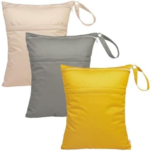 babygoal Wet Dry Bags for Baby Cloth Diapers, Washable Travel Bags, Beach, Pool, Gym Bag for Swimsuits & Wet Clothes with Two Zippered Pockets 3 Pack, 3LN24