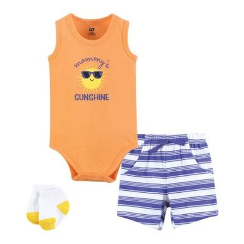 Hudson Baby Infant Boys Bodysuit, Short and Sock, Orange Sunshine