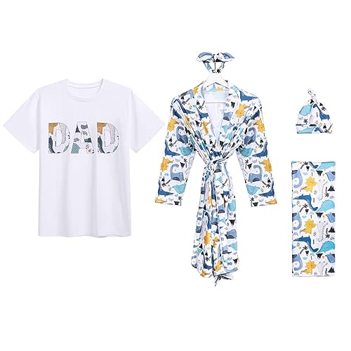 AWIBMK Mom and Me Robe and Swaddle Set and T-Shirt Hospital Labor Delivery Swaddling with Headband Hat for Mom Dad Baby