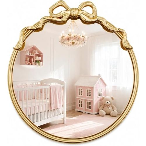 CozyDH Bow Round Wall Mirror - Gold Decorative Vintage Mirror Wall Decor with Metal Frame 21" for Nursery Girl, Entryway, Fireplace, Living Room, Hallway, Bathroom Vanity
