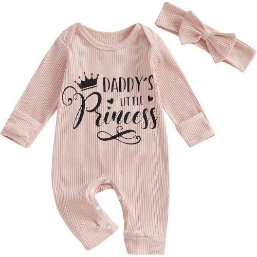 FIOMVA Im New Here Newborn Outfit Girl Long Sleeve Letter Romper Ribbed Knit Jumpsuit Baby Girl Preemie Coming Home Outfit