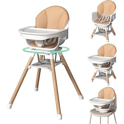 EROMMY 360° Swivel Baby High Chair,6-in-1 Convertible Wooden High Chair for Babies and Toddlers-Baby Feeding Chair with 5-Point Harness,Adjustable Highchair Features,Removable Double Tray
