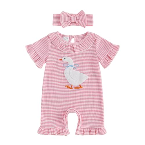 Honganda Newborn Baby Girl Summer Romper Cute Goose Embroidery Striped Short Sleeve Ruffle One-Piece Jumpsuit with Headband