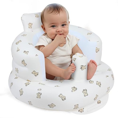 Inflatable Baby Seat for Babies 3 Months & Up, Baby Floor Seats for Sitting Up, Baby Seats for Infants, Blow Up Baby Chair with Built in Air Pump - Bear