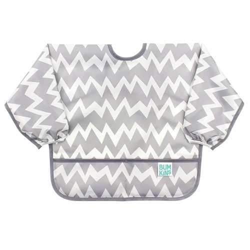 Bumkins Sleeved Bib for Girl or Boy, Baby and Toddler for 6-24 Mos, Essential Must Have for Eating, Feeding, Baby Led Weaning Supplies, Long Sleeve Mess Saving Food Catcher, Soft Fabric, Gray Chevron