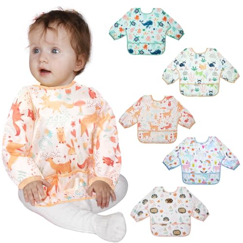 Lictin Long Sleeve Bibs 5 Pack - Baby Bibs, Waterproof Toddler Bibs, Baby Smock for Eating, Baby Bibs for Feeding Teething