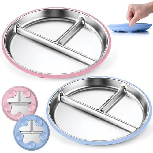 OVV Stainless Steel Kids Plates (2 Pack) 9 Inch Toddler Divided Plates with Removable Silicone Sleeves & 5 Suction Cups Baby Self Feeding | Mess-Free Mealtime | Dishwasher Safe