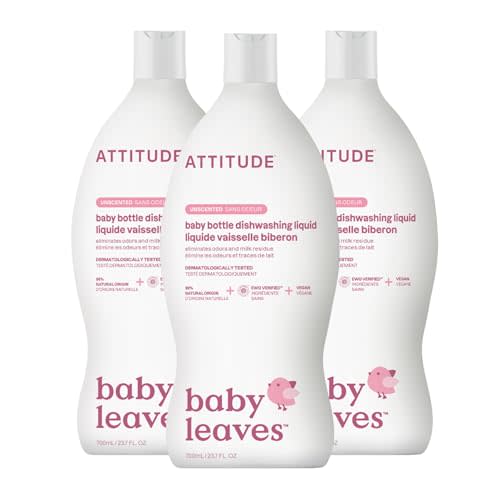 ATTITUDE Baby Bottle & Dish Soap, EWG Verified Bottle Cleaner, Fragrance Free & Dye Free, Removes Milk Residue & Grease, Vegan, Unscented, 23.7 Fl Oz (Pack of 3)