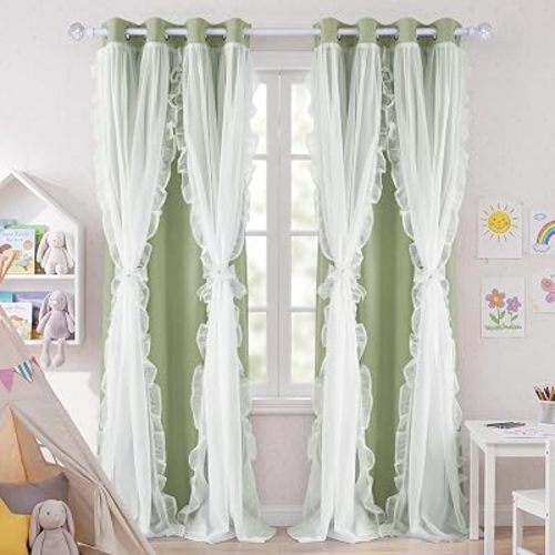 PONY DANCE 100% Blackout Curtains for Girl's Bedroom, Double Layer Grommet Curtain 84 inch Long with Sheer Overlay for Living Room, Nursery Kids Toddler Room Decor, Light Sage, 52" W x 84" L, 2 Panels