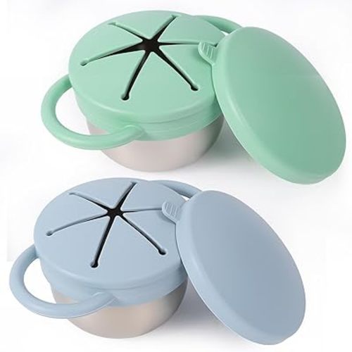 2 Pack Stainless Steel Baby Snack Cups for Toddlers Kids with Silicone Food Catcher, Travel Lid, Spill-Proof Containers, Dishwasher Safe