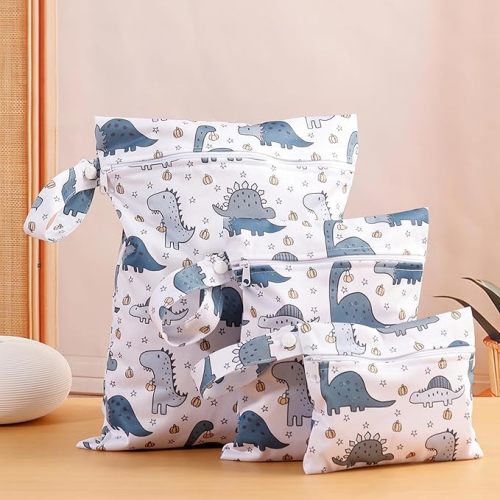Happy Flute 3 Set Wet Bag Storage Bag Zipper Waterproof Washable Travel Bags, Beach, Pool, Gym Bag for Cloth Diaper, Swimsuits & Wet Clothes(Dinosaur)