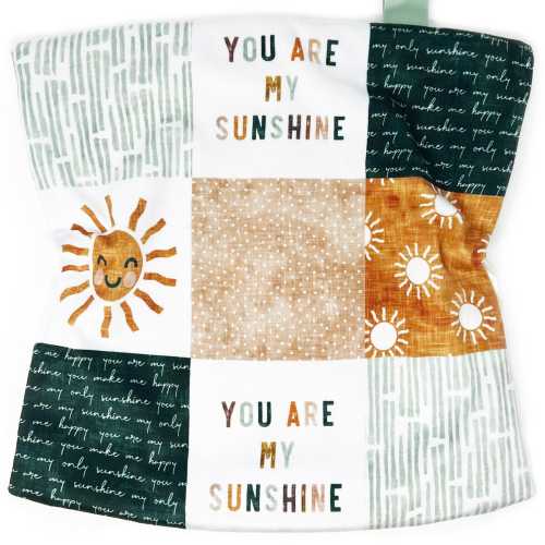Lovey: You Are My Sunshine Olive Squares. Lovie. Minky. Soft. Cuddly. Baby Sleep. Boy. Neutral. Green. Gold. Sage. Suns. Happy. Baby Gift.