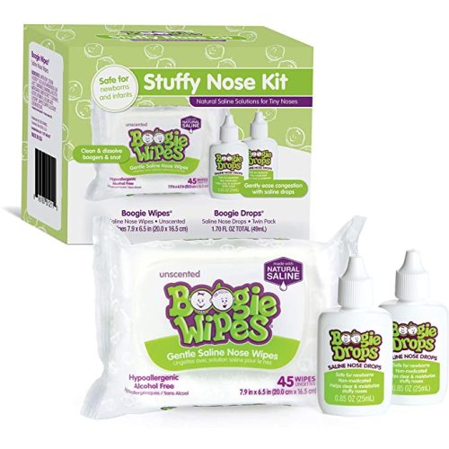 Boogie Stuffy Nose Relief Kit Wipes, FSA/HSA Eligible, Baby Wipes Unscented Wipes 45 Count (Pack of 1), Baby Nasal Saline Drops Drops 2 Bottles Total (Pack of 1)… - Stuffy Nose Kit