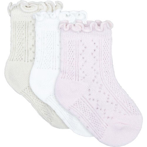 Underworks Baby Pointelle Ruffle Crew Socks 3 Pack - White & Pink