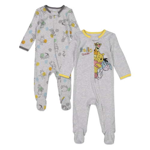 Disney Winnie the Pooh Newborn Baby Boy's One-Piece Sleeper Clothes, 2 Pack Zip Up Sleep N' Plays, Grey, 0-3 Months