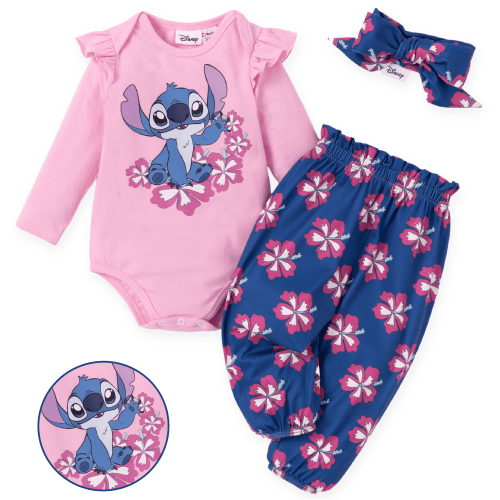Disney Stitch Baby Girls Boys Outfit Cotton Bodysuit Floral Pants Headband Gift Set Newborn Infant