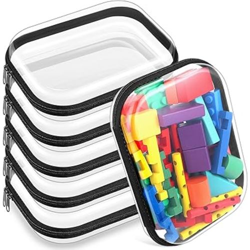 Sanwuta 6 Pcs Clear Hard Zipper Case Hard Plastic Zipper Pouches Makeup Bag Pencil Pouches Transparent Cases for Snacks Plastic Storage Organizer Box for Travel(Black,7.87 x 5.9 x 2 Inch)