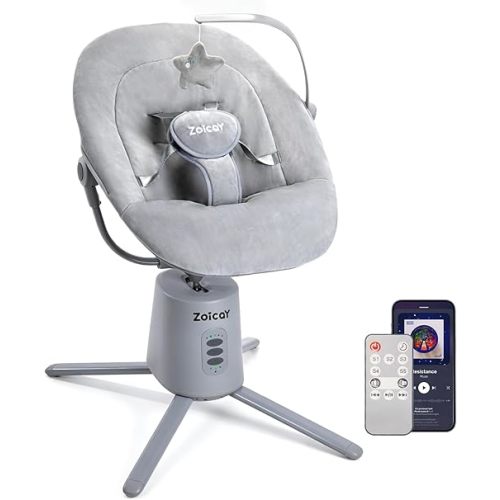 Zoicay Baby Swing,Baby Swings for Infants with 3 Modes & 5 Speeds, BT Enabled App & Remote Control, Electric Swing – 6 Lullabies and 3 Timer Setting, 2 Seat Positions and 5-Point Harness Swing (Gray)