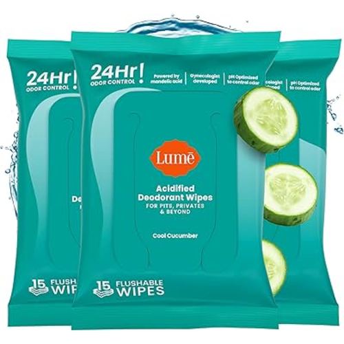 Lume Acidified Deodorant Wipes - 24 Hour Odor Control - Aluminum Free, Baking Soda Free, Skin Loving - Flushable - 15 Count (Pack of 3) (Cool Cucumber)
