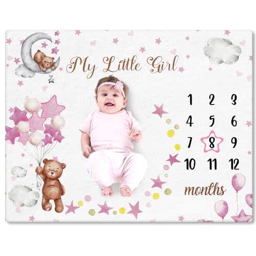 Mindsoft Sleeping Bear Monthly Baby Milestone Blanket Bear Star Balloon Flannel Blanket Boy Newborn Infant Swaddle Growth Chart Baby with Frame for Boys Girls Nursery (Pink)
