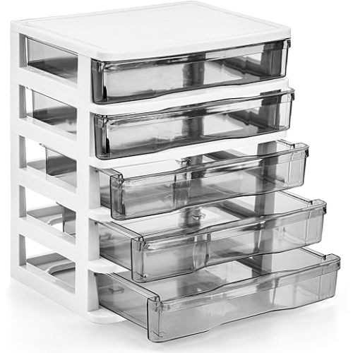 DEAYOU 5 Drawer Desktop Storage Bin Unit, Small Plastic Organizer, White Frame with Clear Drawer, Mini Container Case for Desk, Storing Craft, Accessory, Stationery