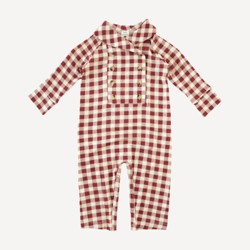 long sleeve double breasted shawl collar jumpsuit | berry gingham | bamboo