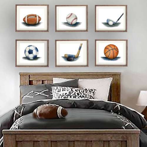 sports wall art décor for boy nursery bedroom, sports art prints from watercolor art, vintage baseball football basketball