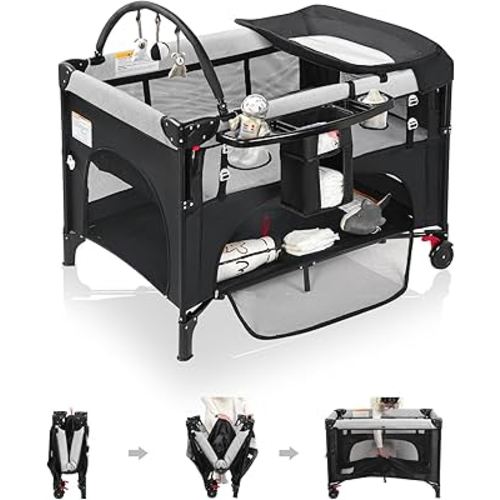 4 in 1 Baby Bassinet Bedside Crib with One-Hand Setup & Waterproof Mattress – ASTM-Certified Pack and Play, Portable Foldable Playard with Diaper Changer for Newborn to Toddler(Black)