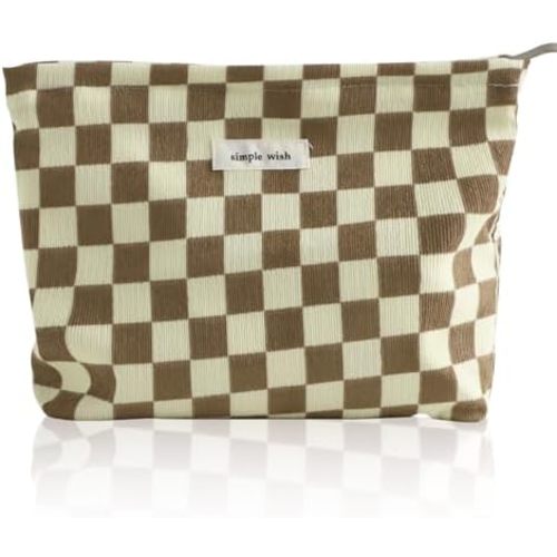 Wudygirl Checkered Makeup Bag Large Capacity Makeup Pouch Travel Cosmetic Pouch for Women Canvas Toiletry Bag Zipper Handbag Aesthetic (Khaki Checkered)