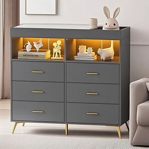 Jojoka Dresser for Bedroom with 6 Drawers, Multi-Functional Nursery Dresser with LED Lights & Charging Station,Baby Changing Table Table with Diaper Changing Station