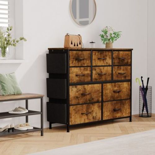 10 Drawer Dresser Chest of Drawers, Fabric Storage Organizer Drawers, with Side Pockets & Hooks for for Bedroom Living Room Entryway, Brown