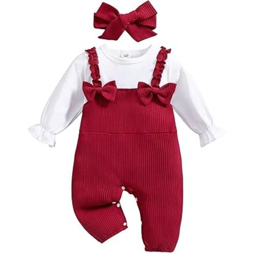 QITUDATEY Newborn Baby Girl Clothes Romper, Long Sleeve Cute One Piece Knit Jumpsuit Infant Outfits with Bow Headband