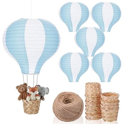 Meooeck 6 Pcs Hanging Hot Air Balloon Decorations Paper Lanterns 12 Inch Reusable Hot Air Balloon Decor Paper Lanterns Set for DIY Craft Wedding Birthday Christmas Home Living Room (Blue White)