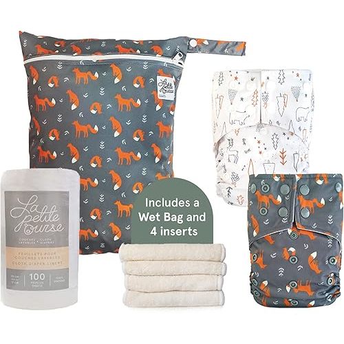 LA PETITE OURSE 2 One Size Snap Diapers with 4 Bamboo Inserts - Cloth Diapers for Babies - 100 Sheets (Diaper Liner Roll) + 1 Wet Dry Bag - for Babies Weighing 10–35 Pounds - Little Fox