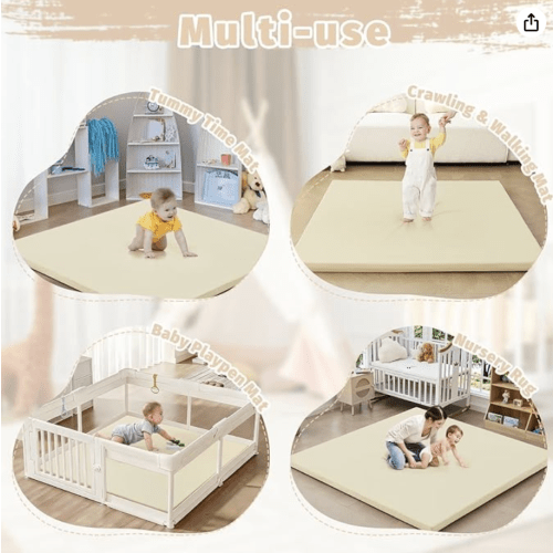 Waterproof Baby Play Mat for Floor 1.3"Thick Memory Foam 59*59 Cushion Playpen Playmat Tummy Time Crawling Mat Nursery Rug Pad Mattress Create Soft & Safe Area for Infants,Toddler,Kids,Beige