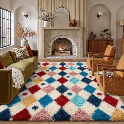 PureCozy Colorful 9x12 Area Rug for Living Room Washable Non Slip Neutral Soft Bedroom Checkered Carpet Rainbow Fluffy Modern Shag Fuzzy Indoor Large Aesthetic Bedroom Home Office Playroom Nursery