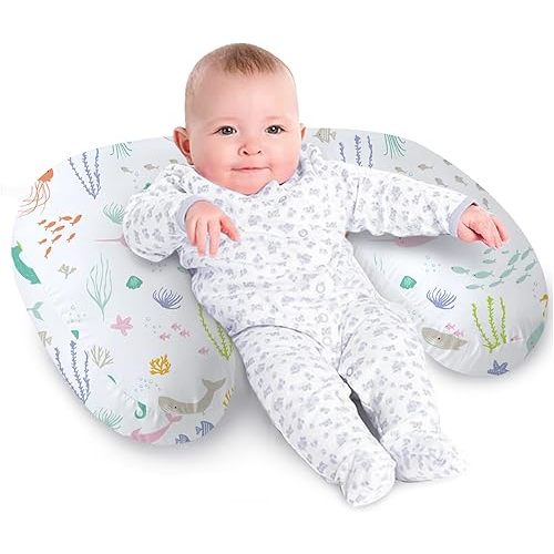 Little Grape Land Nursing Pillow for Infants, Breastfeeding Pillows, Baby Support Pillow for Nursing, Bottle Feeding, Tummy Time with Machine Washable Cover & Breathable Filling, Ocean Word