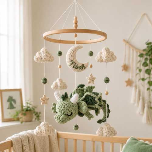 Personalized Crochet Dragon Baby Mobile, Custom Name Moon Nursery Decor, Handmade Fantasy Crib Mobile, Baby Shower Gift