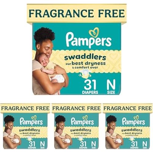 Pampers Swaddlers Diapers, Size 0 (up to 10 lbs), 31 Count, Absorbent, Keeps Baby Dry and Comfortable, Pediatrician Recommended Skin Safe Disposable Baby Diaper (Pack of 4)