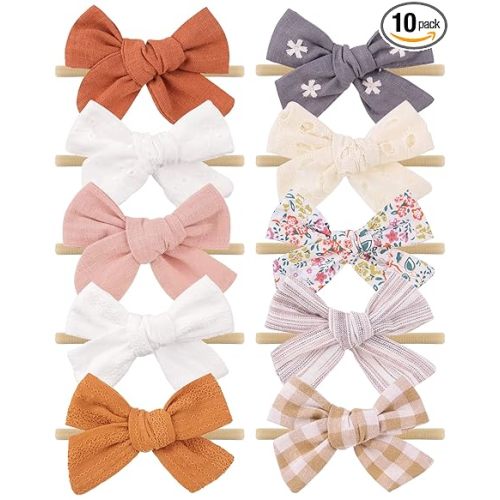 doboi 10PCS Baby Girls Headbands Hair Bows Nylon Linen Hairbands Handmade Hair Accessories for Newborn Infant Toddlers Little Girl and Kids 3.5Inches