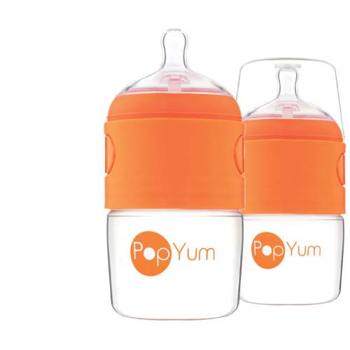PopYum 5oz Anti-Colic Baby Bottle for Breast and Formula Feeding, 2-Pack, Orange, #1 Slow Flow Nipples