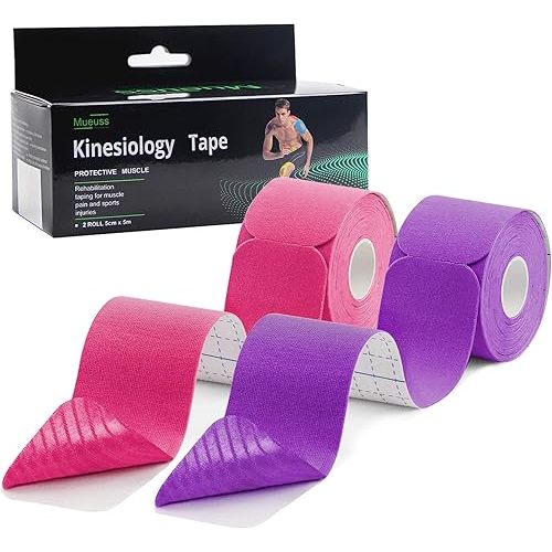 MUEUSS Pregnancy Tape Belly Support,Cotton Kinesiology Tape,Waterproof Elastic Athletic Tape for Body,Sports,Muscle,Knee,Shoulder Pain Relief,20 Count,10" Precut Strips,16.4 ft,2rolls Pink&Purple