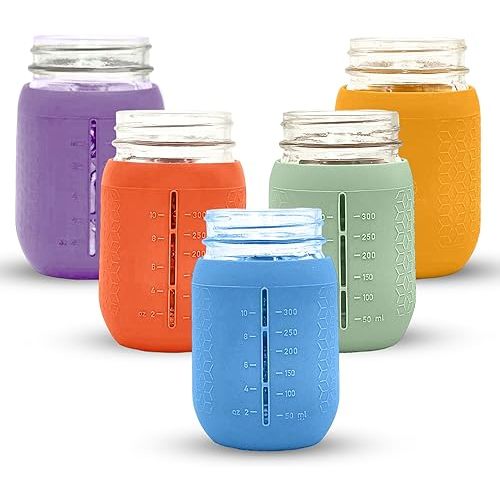 Silicone Mason Jar Sleeves Spring Summer Set | Anti-Slip Protectors for Regular Mouth 16oz Jelly Canning Jars | Cup Holders with Measurement Markings | Dishwasher Safe Jar Jackets - 5 Pack