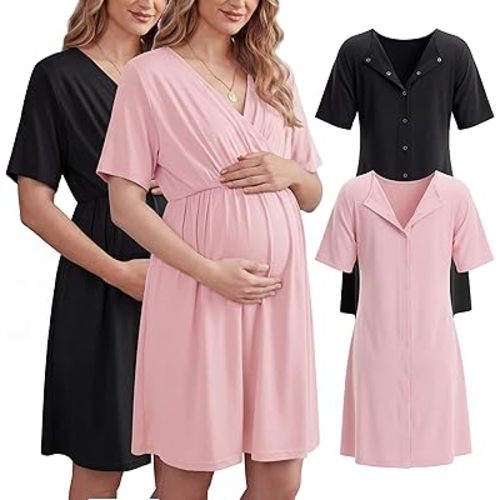 Cutecrop 2 Pack Labor and Delivery Gown for Hospital Maternity Nursing Short Sleeve Gown Button Back Birth Recovery Sleepwear