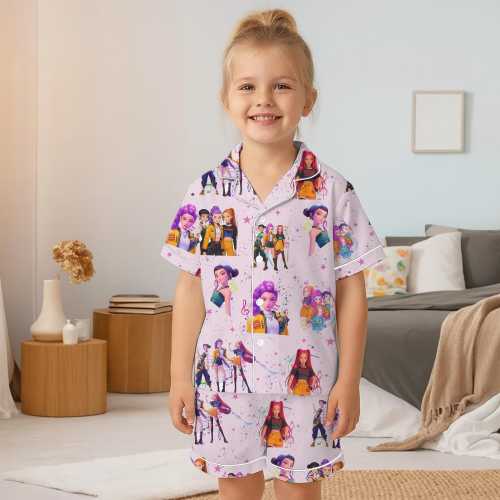 Huntrix KPop Demon Hunters Satin Pajama Set, Girl Group K-Pop Sleepwear, Silky Idol PJs, Gift for Kpop Lovers, Anime-Inspired Pajamas