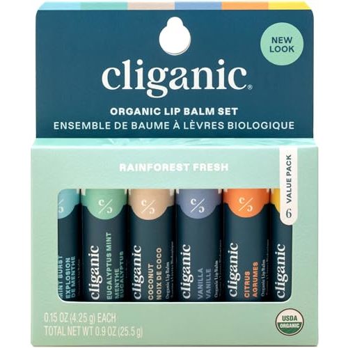 Cliganic Organic Lip Balm Set (6 Flavors) - 100% Natural Hydrating, Moisturizing for Dry Cracked Lips, Stocking Stuffer Gift for Men & Women